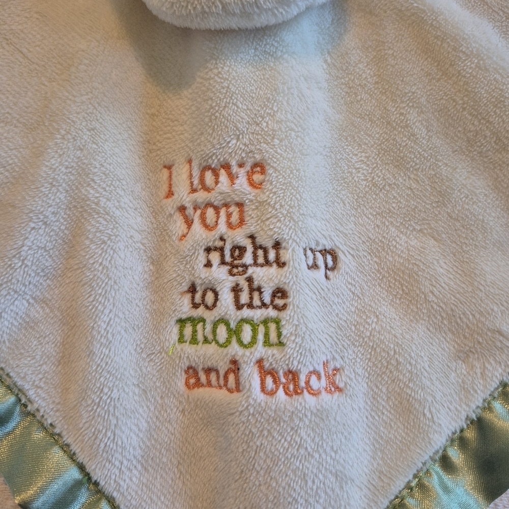 Bunny security blanket, cream, tan, green, embroidered lettering GUC - Picture 2 of 7